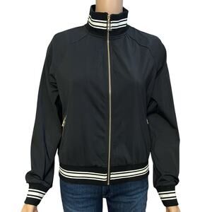 J McLaughlin Elettra Bomber Jacket XS Black Zip Up Athleisure Preppy Stripes